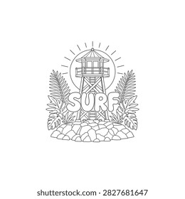 Flat line art doodle of a retro coastal watchtower on a rocky outcrop with fern fronds and surf lettering.