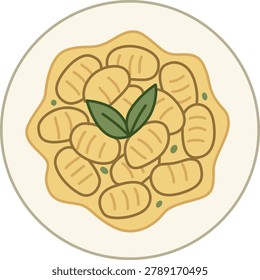Flat Line Art Gnocchi Potato Pasta Plate Icon, Minimal Italian Dumpling with Butter Sauce Illustration