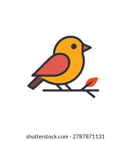 A flat line art icon of a colorful bird with orange wings resting on a simple branch, isolated on white