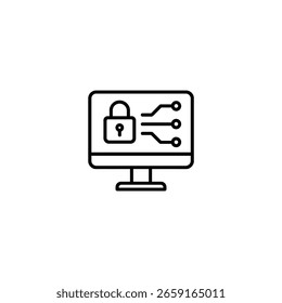 A flat line art icon of a computer monitor with a padlock and circuit board pattern on screen symbolizing digital security.