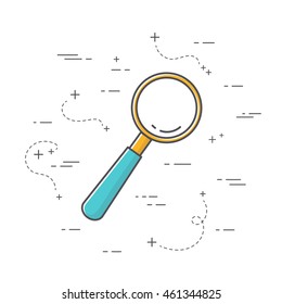 Flat line art icon of magnifier. Science and educational background. Isolated on white background