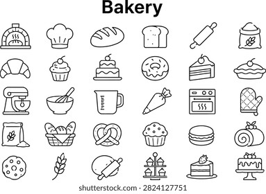 Flat line art icons set of bakery items and kitchen tools
