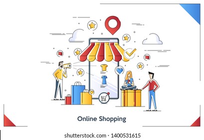 Flachbild-Illustrationskonzept für Online Shopping. Vektorillustration Banner, Icon, Illustration, Landing Page. Idee von Rabatt, Verkauf und E-Commerce. Mobile Shopping. Weißer Hintergrund.