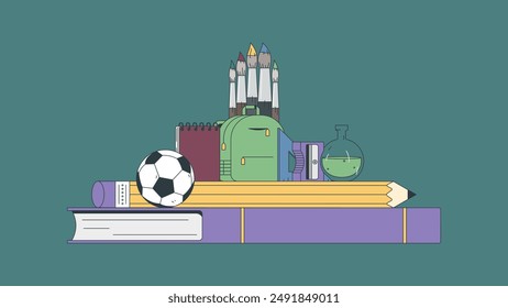 Flat line art illustration of school stationery and tools including a book, notebook, back bag, pencil, sharpener, football, paint brushes, chemistry flat-bottom flask and a triangle