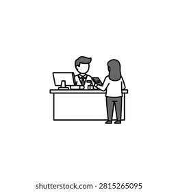 A flat line art illustration showing a female customer handing a green banknote to a male bank teller or office clerk sitting behind a desk with a computer. The scene represents a financial transaction, payment, or banking service in a professional setting.