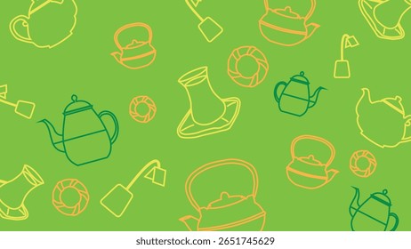 Ilustração de arte em linha plana de chaleiras, xícaras de chá e cubos de açúcar em um fundo verde. Imagem decorativa moderna com tema de chá para designs criativos.