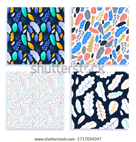 Flat and line Art Leaves Seamless Pattern set Background stock vector illustration.