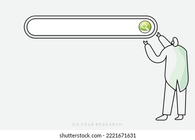 Flat line art of man holding a search bar. Do your research before taking any step. Web vectors.