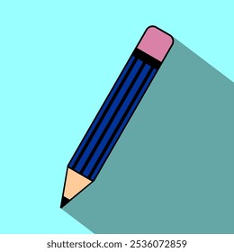 Flat Line Art Pencil Icon with Shadow, Editable Scalable Vector EPS, Isolated on Blue Background, Ideal for Logos, Stationery, Graphic Design, and Educational Projects