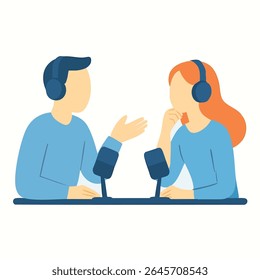 Flat Line Art Podcast Recording with Two Presenters in a Studio Illustration