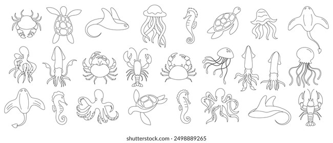 Flat line art of sea animals, including crab, jellyfish, and seahorse. This vector set captures underwater life with marine creatures in simple shapes. Ideal for aquatic design.