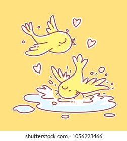Flat line art style bird for print, web, site, gift card, romantic banner, greeting card. Vector spring illustration of romantic two birds splashing in the water with heart