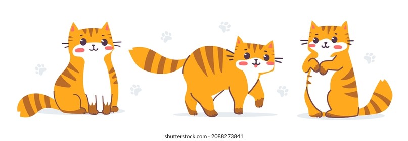 Flat line art style design of striped red cat in different pose. Vector set of illustration of happy cute animal tiger cat character on white color background. Symbol of New Year 2022 greeting card