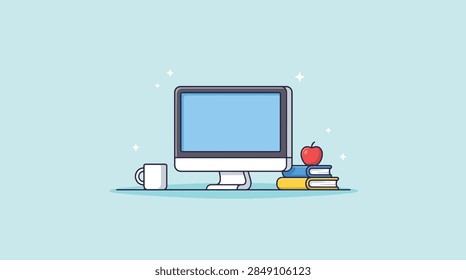 Flat line art vector of a computer screen with books and an apple on a desk representing an office or educational workspace