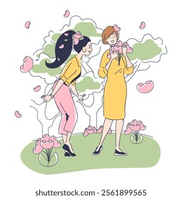 Flat line art vector illustration of two women enjoying a spring day surrounded by flowers, trees, and birds. Concept of nature, friendship, happiness, and relaxation in a peaceful setting