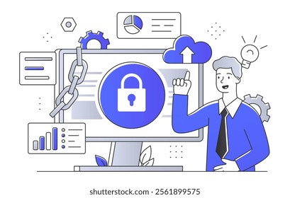 Flat line art vector illustration of cybersecurity featuring a man pointing at a computer screen with a padlock symbol, chains, and cloud icons. Concept of data protection, security, and technology