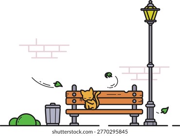 Flat line art vector illustration of a ginger cat resting on a wooden bench in a park during a windy autumn evening. Features a classic street lamp and falling leaves. Minimalist urban outdoor scene for cozy design themes.
