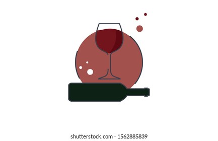 Flat line art vector of a wine glass filled with red wine, sitting on a circular backdrop. An empty green wine bottle lies on the bottom. Illustration is great for clip art or icons.