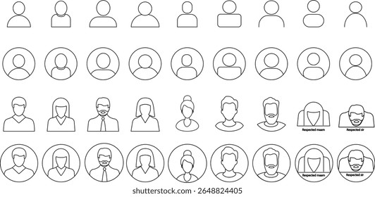 Linha plana ícones de avatar definidos para perfis, mídias sociais, fóruns, com diversas idades, gêneros, profissões, usuários anônimos, vetores masculinos e femininos.