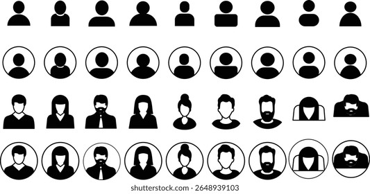 Linha plana ícones de avatar definidos para perfis, mídias sociais, fóruns, com diversas idades, gêneros, profissões, usuários anônimos, vetores masculinos e femininos.