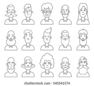 Avatares de línea plana para página de perfil, red social, medios sociales, diferentes personajes de edad, ocupación humana profesional.