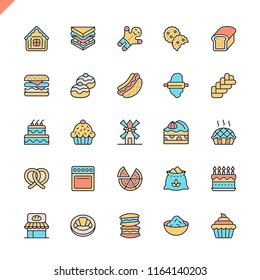 Flat line bakery shop elements icons set for website and mobile site and apps. Outline icons design. 48x48 Pixel Perfect. Linear pictogram pack. Vector illustration.