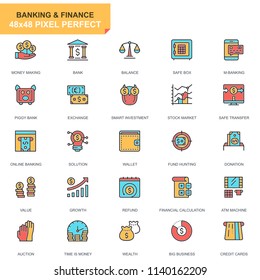 Flat line banking and finance icons set for website and mobile site and apps. Contains such Icons as E-Banking, Auction, Financial Growth. 48x48 Pixel Perfect. Pictogram pack. Vector illustration.