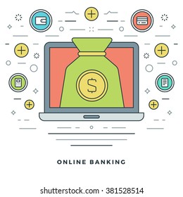 Flat line Banking and Financial Management Concept Vector illustration. Modern thin linear stroke vector icons. Website Graphics, Banner, Infographics Design, Promotional Material. Money Icons.