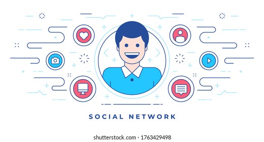 Flat line banner design with happy man and graphic icons created for modern website with social network marketing campaign. Linear style design template.