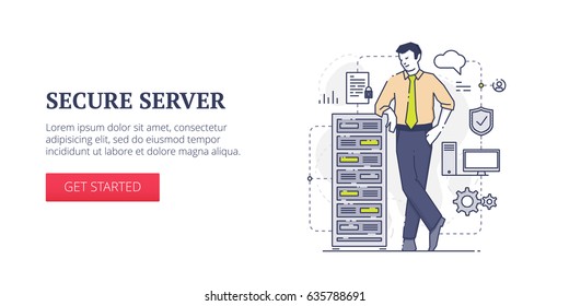Flat line banner design template of server security, data protection and safety business processes. Vector modern blue line illustration with text sample and button