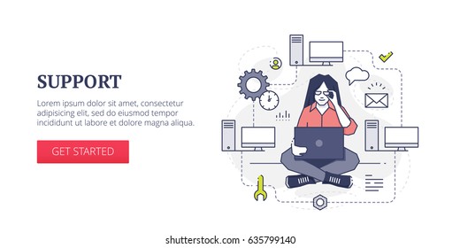 Flat line banner design template of technical support, computer network and system administration processes. Vector modern blue line illustration with text sample and button