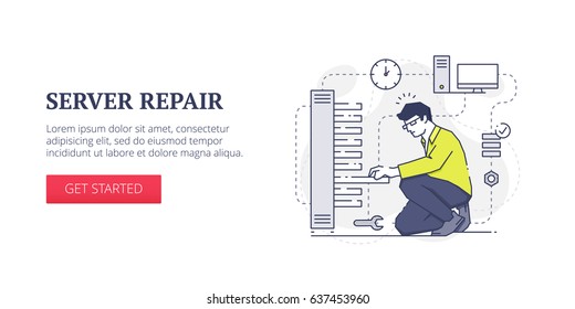 Flat line banner design template of technical support, server services and system administration processes. Vector modern blue line illustration with text sample and button