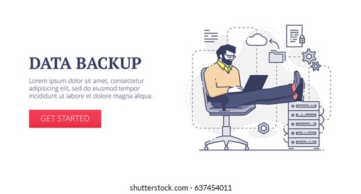 Flat line banner design template of data backup, cloud computers and system administration processes. Vector modern blue line illustration with text sample and button