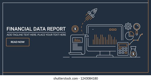 Flat line banner of Financial data, report, analysis, financial growth, business vector illustration