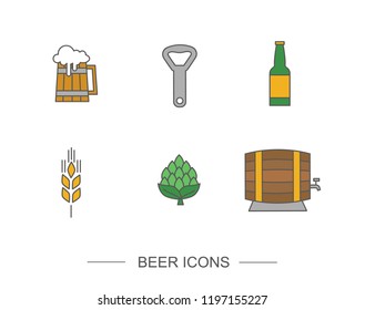 Flat line beer icons. Vector beer or brewery related symbols set. Beer bottle, barrel, wheat and more