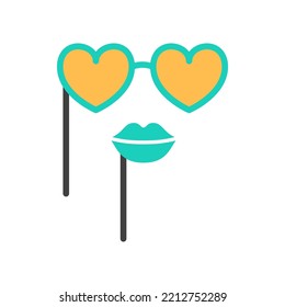Flat line Birthday or carnival mask icon isolated on white background. Color holiday heart shape glasses and lips. Love party element invitation design. Fun eyeglasses for costume vector illustration.