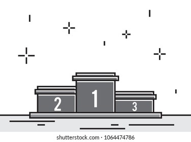 flat line black and white podium winners vector illustration with confetti. Stage for awards ceremony.  Pedestal. Spotlight in white background