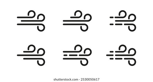 Flat line blowing wind icon set. Windy weather icon. Windy blow outline collection symbol sign.