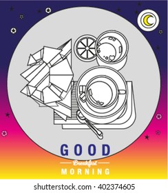 Flat line breakfast icons set with coffee cup, orange juice and croissant for Good Morning. Isolated vector illustration for cafe and healthy food fitness