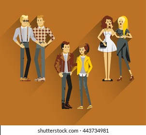 Flat line bright set of modern childfree family couples. Casual style young people in love. Different couples Ã¢?? heterosexual couple, lesbian couple, gay couple. Pride and tolerance cute characters