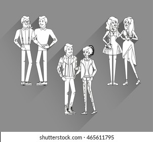 Flat line bright set of modern childfree family couples. Casual style young people in love. Different couples heterosexual couple, lesbian couple, gay couple. Pride and tolerance