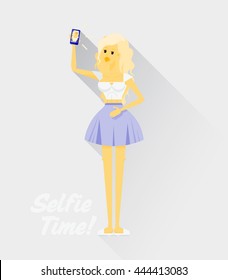 Flat line bright style modern fashion street style young woman Selfie time concept. Beautiful and cute teenage blonde girl in fashion skirt and with phone in hand made selfie