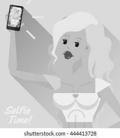 Flat line bright style modern fashion street style young woman Selfie time concept. Beautiful and cute teenage blonde girl in fashion skirt and with phone in hand made selfie