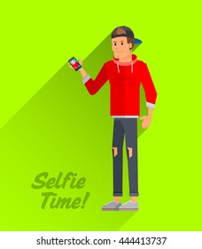 Flat line bright style modern fashion street style young man Selfie time concept. Teenage guy in fashion raglan sweater with text "Fashion is me" with phone in hand made selfie