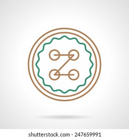 Flat line brown and green color vector icon for sewing button with Z-shape thread stitch on white background. 