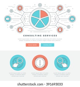 Flat line Business Concept Web Site Header Vector illustration. Modern thin linear stroke vector icons. For website graphics, Mobile Apps, Web Page Layout design. Vector Icons.