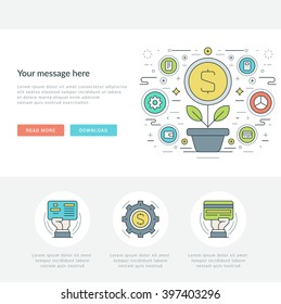 Flat line Business Concept Web Site Header Vector illustration. Modern thin linear stroke vector icons. For website graphics, Mobile Apps, Web Page Layout design. 