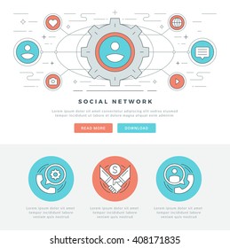 Flat line Business Concept Web Site Header Vector illustration. Modern thin linear stroke vector icons. For website graphics, Mobile Apps, Web Page Layout design. Vector Icons