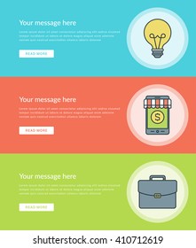 Flat line Business Concept Web Site Banners Set Vector illustration. Modern thin linear stroke vector icons. For Website Advertising  Graphics, Mobile Apps, Web Page Layout design. Vector Icons.