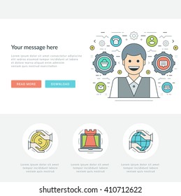 Flat line Business Concept Web Site Header Vector illustration. Modern thin linear stroke vector icons. For website graphics, Mobile Apps, Web Page Layout design. Vector Icons.